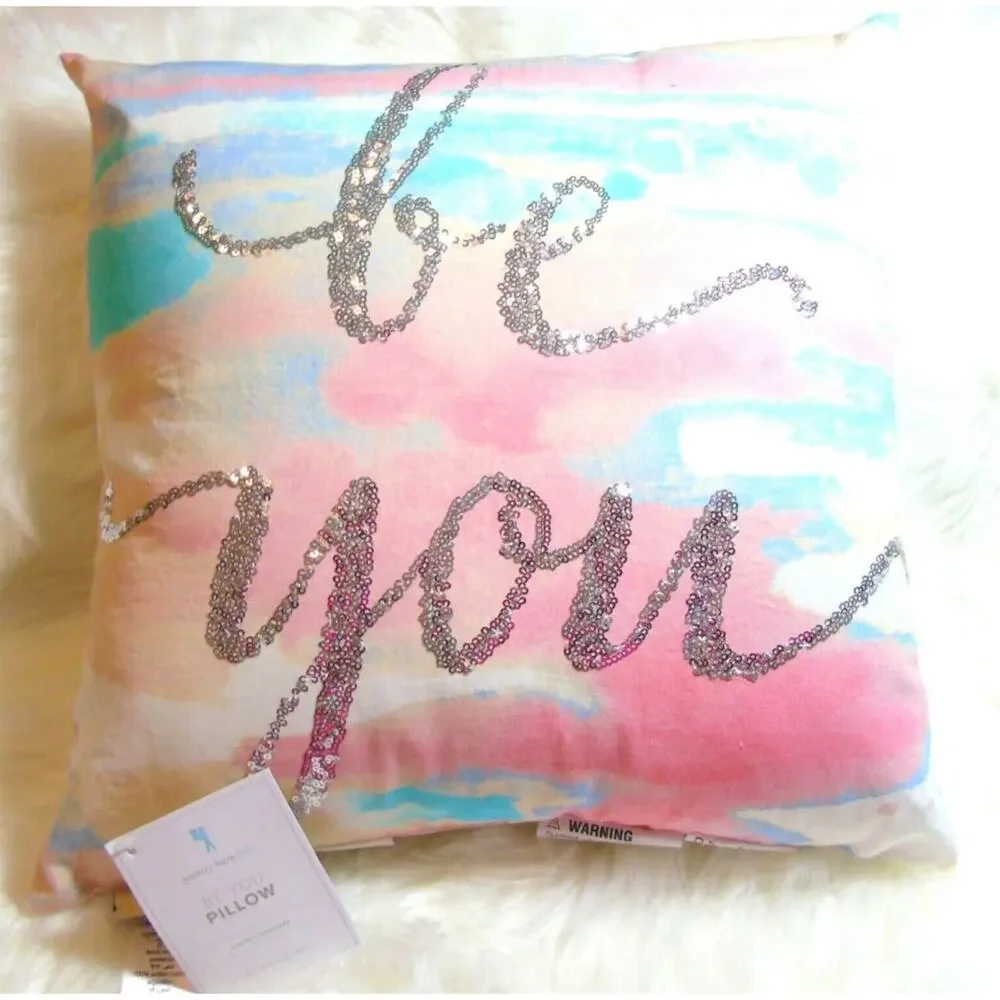 Pottery Barn BE YOU PILLOW 16x16 Silver Sequins Phrase Sunset Pink Peach Teal